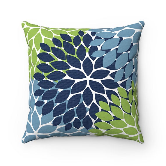 Green and Blue Throw Pillow Cover, Green Pillow, Blue Floral Accent Pillow, Couch Cushion, Modern Home Decor, Blue Dahlia Bedroom - PIL77