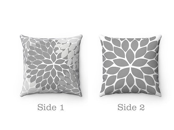 Gray Throw Pillow Cover, Gray White Floral Accent Pillow, Couch Cushion, Gray Home Decor, Flower Pillow Cover, Floral Toss Pillow - PIL74