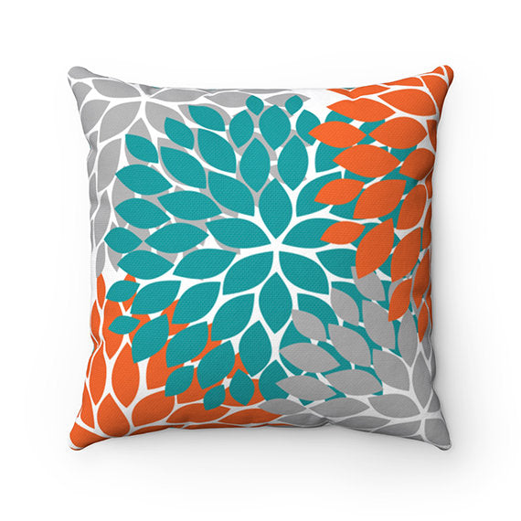 Orange and Teal Throw Pillow Cover, Turquoise Pillow, Orange Gray Floral Accent Pillow, Couch Cushion, Orange Turquoise Home Decor - PIL63
