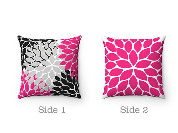 Throw Pillow Cover, Hot Pink and Black, Flower Burst Pillow Cover, Accent Pillow, Fuchsia Modern Home Decor, Fuchsia Pillow Cover - PIL55