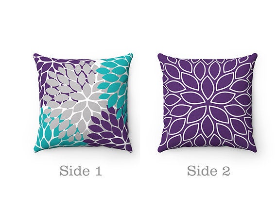 Throw Pillow Cover, Purple Teal Gray, Flower Burst Pillow Cover, Accent Pillow, Modern Home Decor, Aqua and Purple Pillow Cover - PIL40