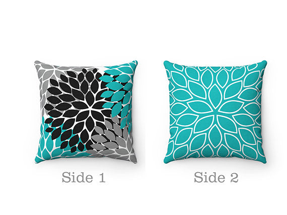 Throw Pillow Cover, Teal Black Gray, Flower Burst Pillow, Accent Pillow, Modern Home Decor, Aqua and Black Pillow Cover and Insert - PIL39