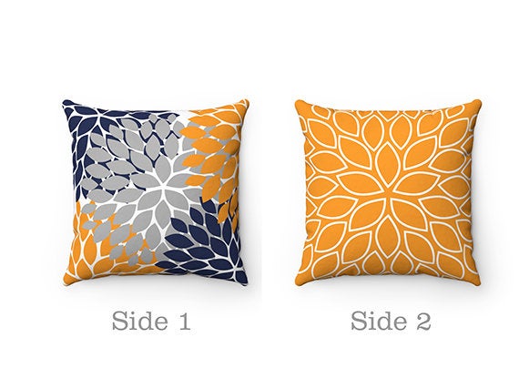 Orange Blue Pillow Covers, Throw Pillow Case, Floral Pillow Cover, Blue and Orange Decor, Navy Orange Nursery Pillow, Rocking Chair - PIL36