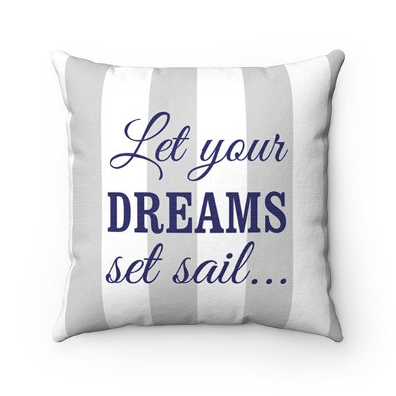 Let Your Dreams Set Sail, Nautical Nursery Throw Pillow Cover, Rocking Chair Pillow, Personalized Nursery Pillow, Gray Stripe - PIL28