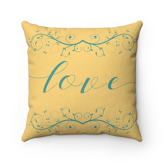 Mustard Yellow and Teal Throw Pillow Covers, Made in USA, Love Pillow, Family Pillow, Housewarming Gift, Decorative Accent Pillows - PIL26