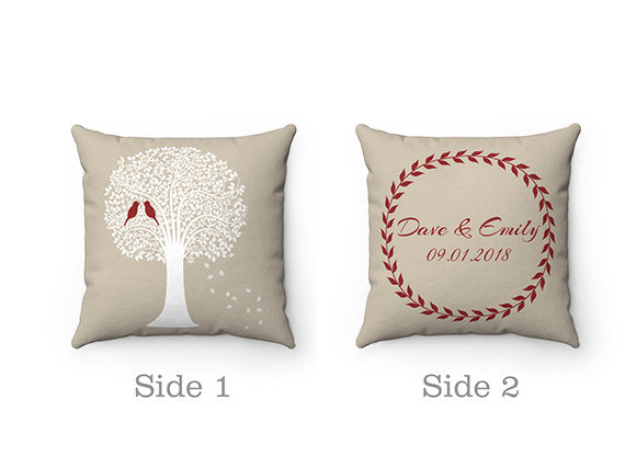 Family Tree Love Birds Taupe Throw Pillow, Can Be Personalized - PIL24