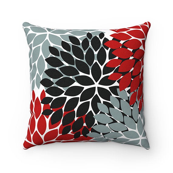 Throw Pillow Cover, Red Black Gray, Flower Burst Pillow Cover, Accent Pillow, Modern Home Decor, Red Gray Pillow Cover - PIL17