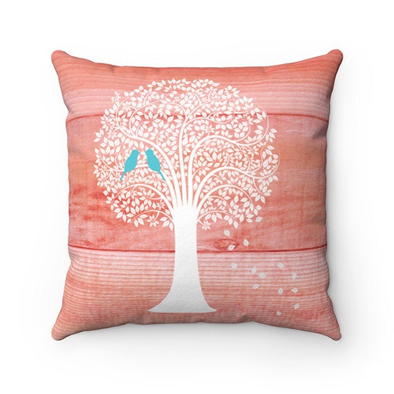 Love Birds Accent Pillow Covers, Coral Throw Pillow COVERS, Family Tree Pillows Personalized, Wedding Gift, Housewarming Gift - PIL13