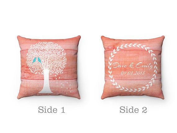 Love Birds Accent Pillow Covers, Coral Throw Pillow COVERS, Family Tree Pillows Personalized, Wedding Gift, Housewarming Gift - PIL13