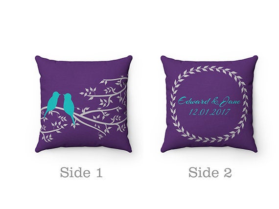 Purple and Teal Throw Pillow COVERS, Personalized Love Birds Accent Pillow Covers, Wedding Gift, Housewarming Gift, Purple Home Decor - PIL8