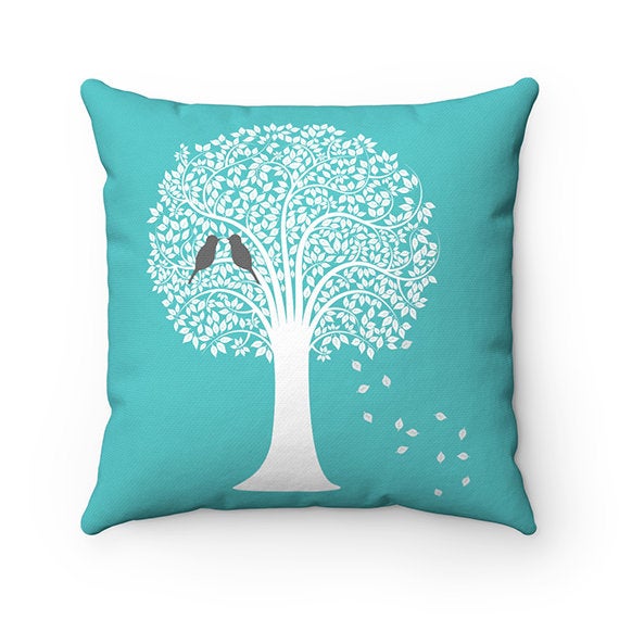 Turquoise Throw Pillow COVERS, Family Tree Pillows Personalized, Love Birds Accent Pillow Covers, Wedding Gift, Housewarming Gift - PIL7