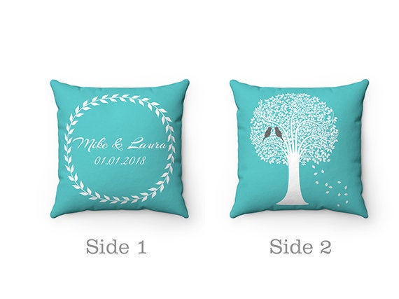 Turquoise Throw Pillow COVERS, Family Tree Pillows Personalized, Love Birds Accent Pillow Covers, Wedding Gift, Housewarming Gift - PIL7