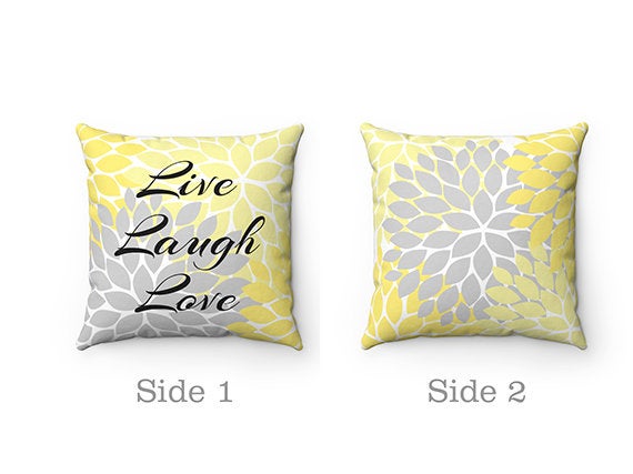 Throw Pillow with Sayings Live Laugh Love, Yellow Gray Throw Pillow, Couch Pillow, Accent Pillow, Flower Burst Pillow, Pillow Cover - PIL3