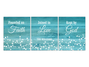Religious Gift , Aqua Farmhouse Home Decor CANVAS, Founded on Faith, Joined in Love, Kept by God, Personalized Entryway Wall Art - HOME491
