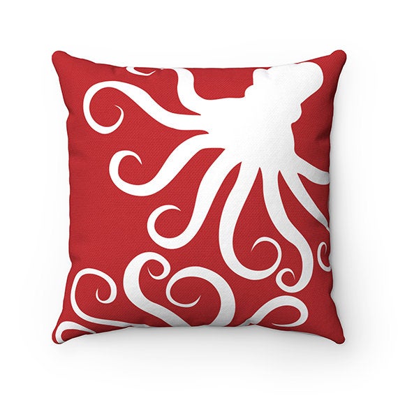 Octopus Pillow, Beach House Decor, Throw Pillow Cover, Beach Cottage Accent Pillow, Red Pillow, Tropical Decor, Octopus Home Decor - PIL130