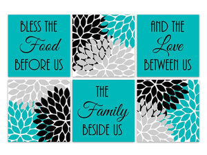Black, Teal & Gray Floral Dining Room 6pc Square Art "Bless the Food Before Us" - HOME549