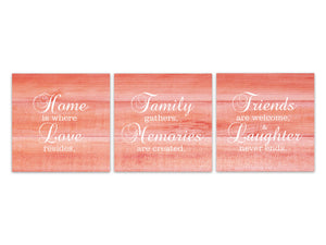 Coral Farmhouse Family Signs 3pc Square Wall Art "Home Is Where Love Resides" - HOME535