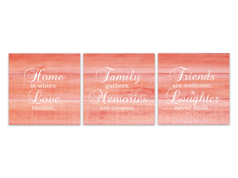 Coral Farmhouse Family Signs 3pc Square Wall Art "Home Is Where Love Resides" - HOME535