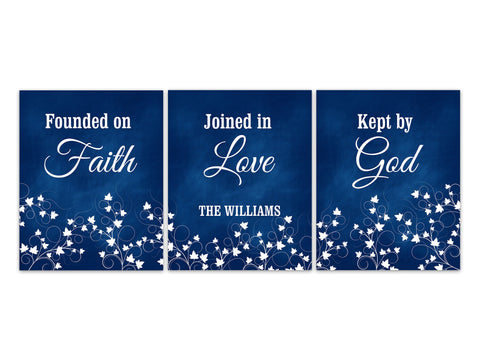 Blue Home Decor CANVAS or PRINTS, Founded on Faith, Joined in Love, Kept by God, Entryway Wall Art, Religious Gift, Ivy Art - HOME496