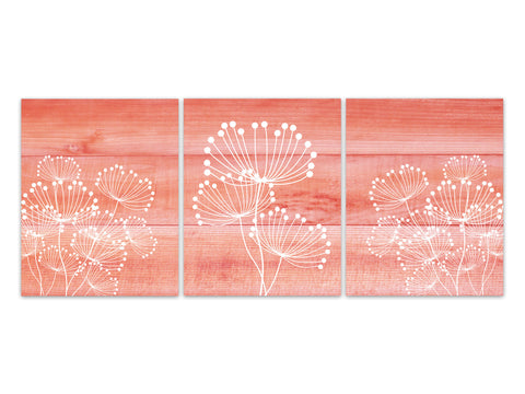 White Dandelion Art, Farmhouse Home Decor CANVAS, Bathroom Wall Decor, Coral Wood Effect Dandelion Bedroom Decor, Nursery Wall Art - HOME506