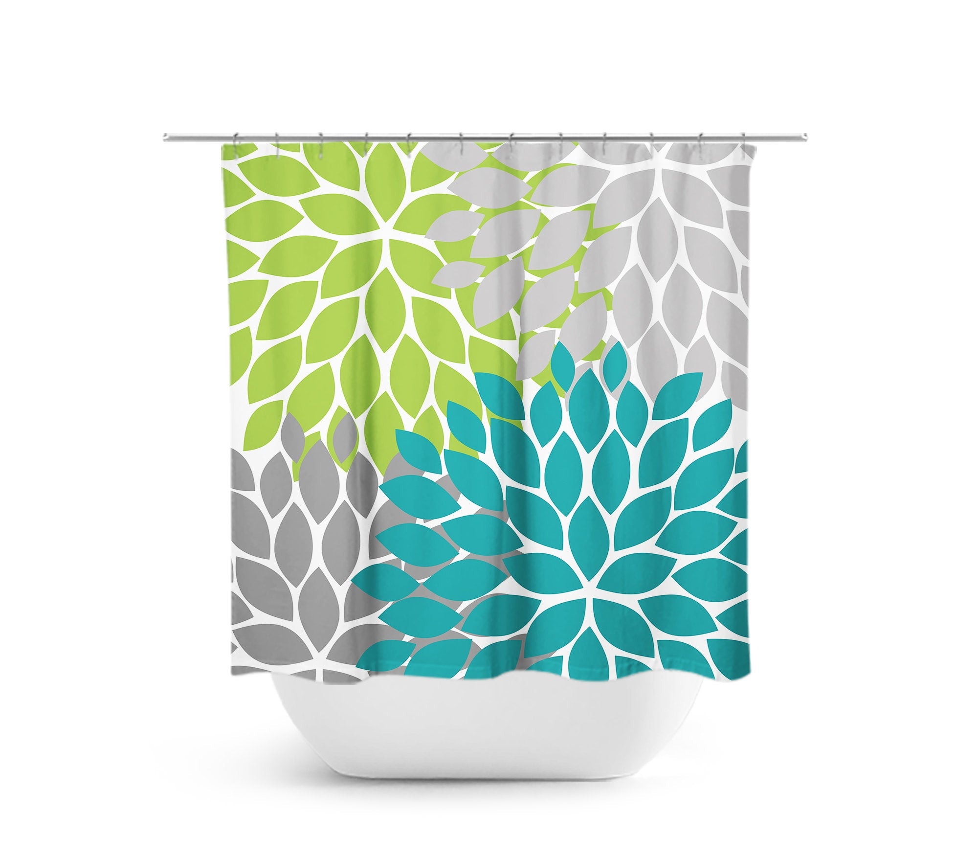 Turquoise, Apple Green & Gray Flower Burst Fabric Shower Curtain - SHOWER82