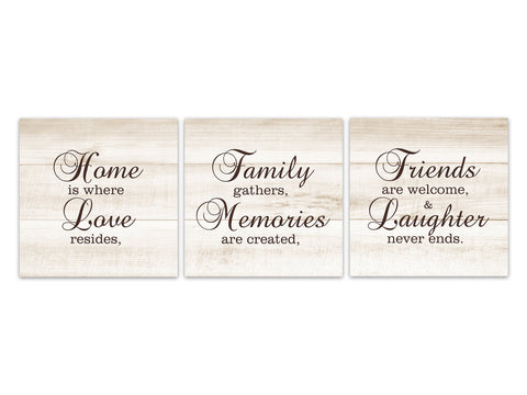 Brown Farmhouse Family Signs 3pc Square Wall Art "Home Is Where Love Resides" - HOME539