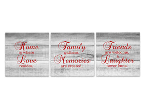 Gray & Red Farmhouse Family Signs 3pc Square Wall Art "Home Is Where Love Resides" - HOME540