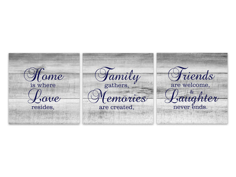 Gray & Blue Farmhouse Family Signs 3pc Square Wall Art "Home Is Where Love Resides" - HOME541