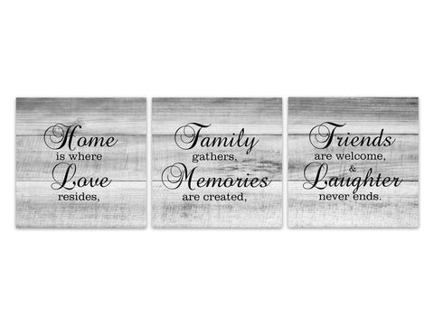 Gray & Black Farmhouse Family Signs 3pc Square Wall Art "Home Is Where Love Resides" - HOME542