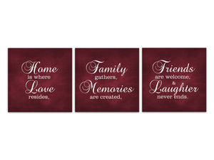 Burgundy Family Signs 3pc Square Wall Art "Home Is Where Love Resides" - HOME544