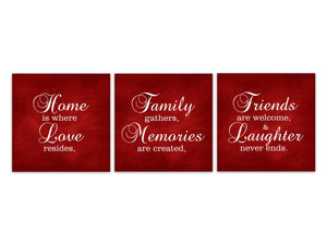 Red Family Signs 3pc Square Wall Art "Home Is Where Love Resides, Family Gathers" - HOME546