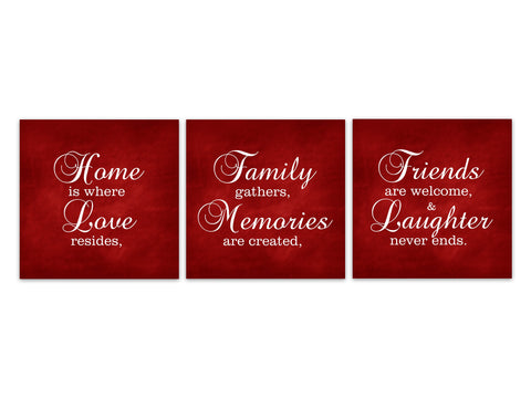 Red Family Signs 3pc Square Wall Art "Home Is Where Love Resides, Family Gathers" - HOME546