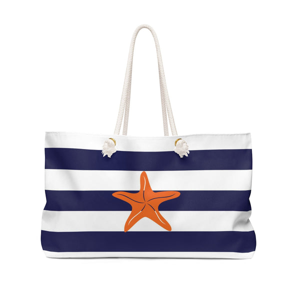 Oversized Tote Bag with Rope Handles - Blue Stripe & Orange Starfish - WKROPE3