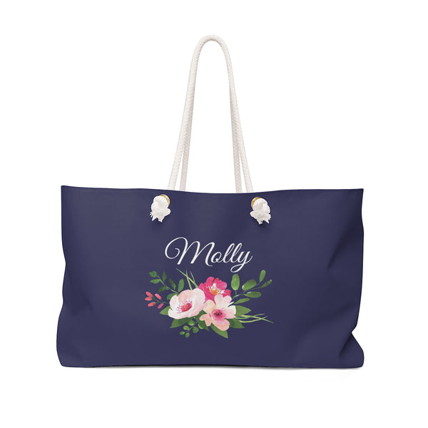 Personalized Tote Bag with Rope Handles - Blue & Pink Watercolor Flowers - WKROPE4