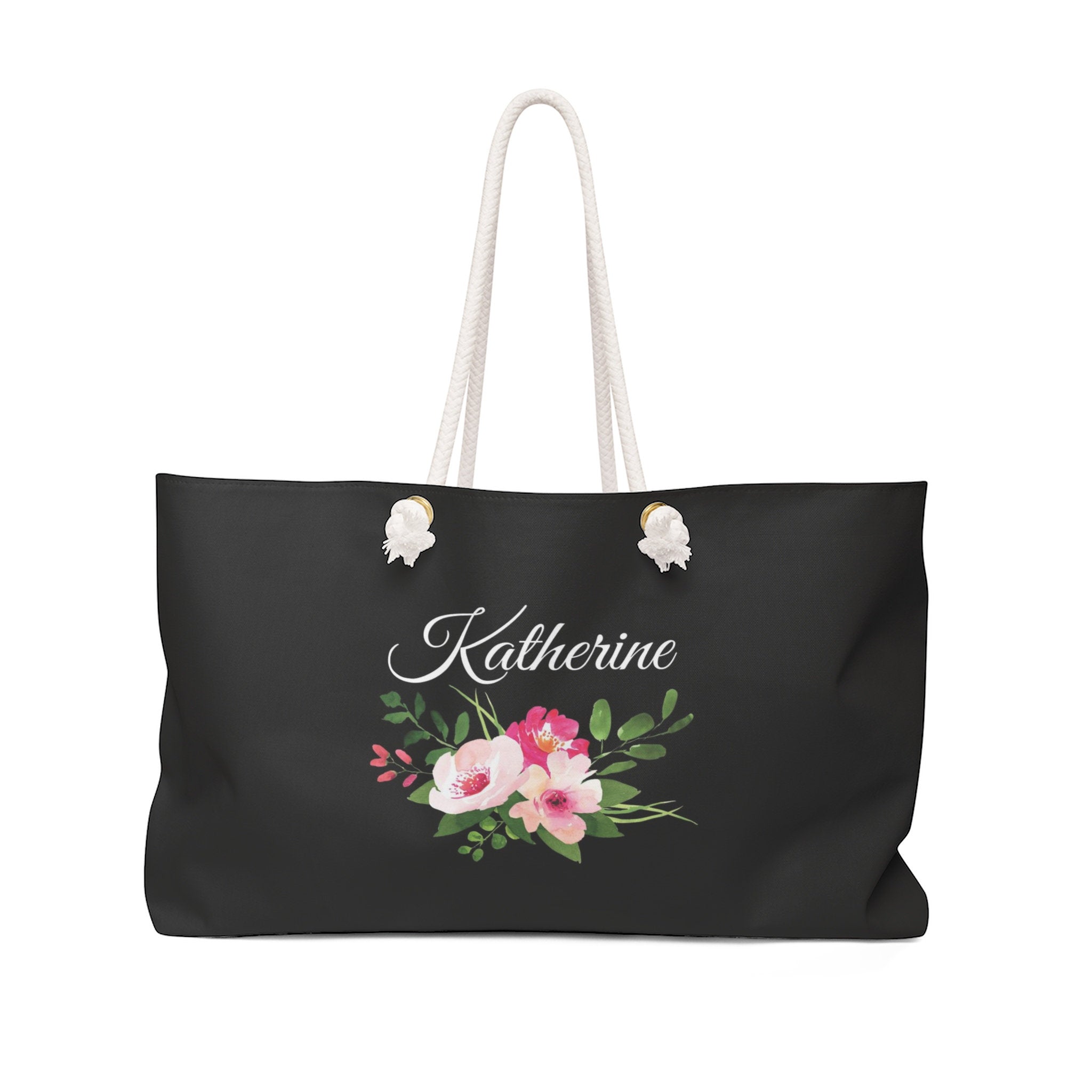Personalized Tote Bag with Rope Handles - Black & Pink Watercolor Bouquet- WKROPE5