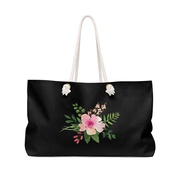 Personalized Tote Bag with Rope Handles - Black & Pink Watercolor Bouquet- WKROPE5