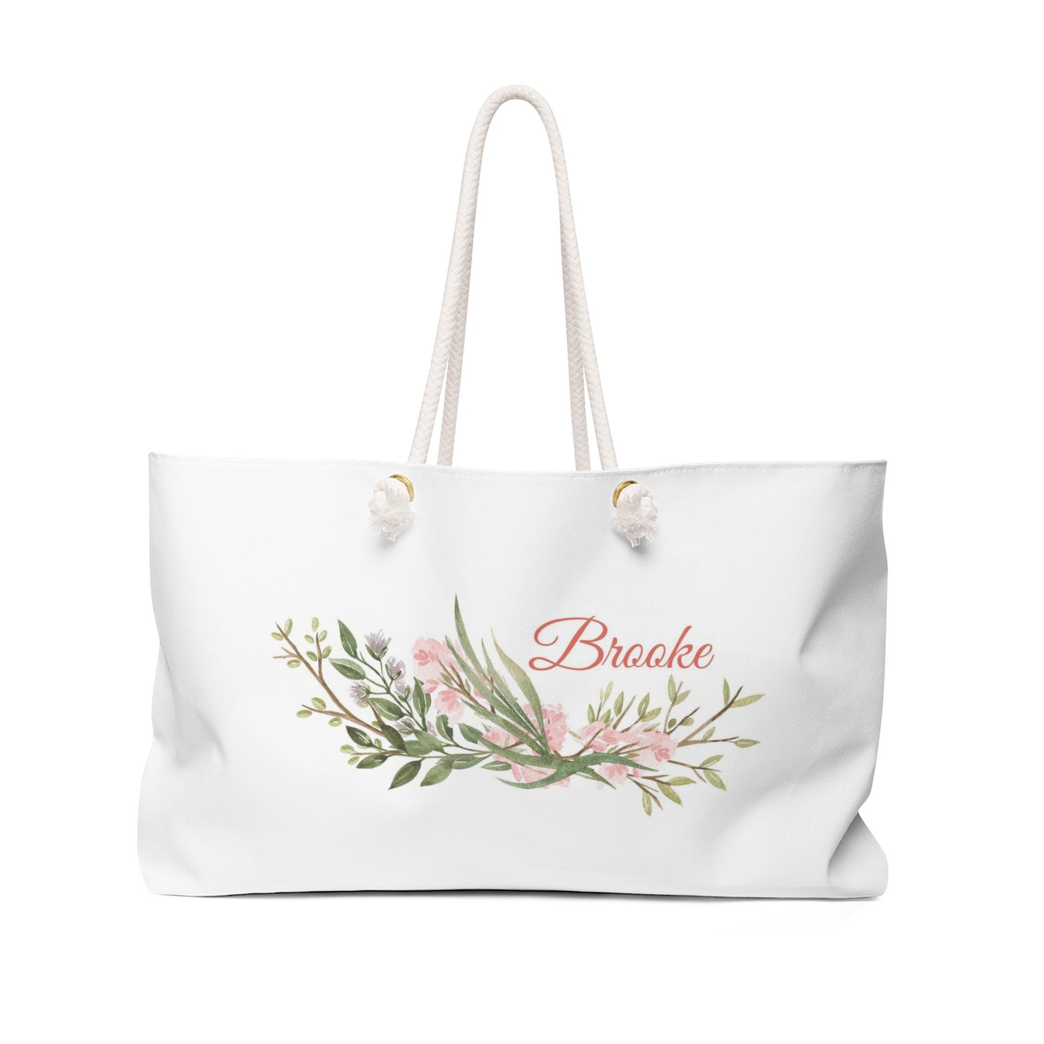 White and Green Floral Weekend Bag, Personalized Tote, Bridesmaid Gifts, Custom Oversized Bag, Overnight Bag, Rope Handle Tote - WKROPE6
