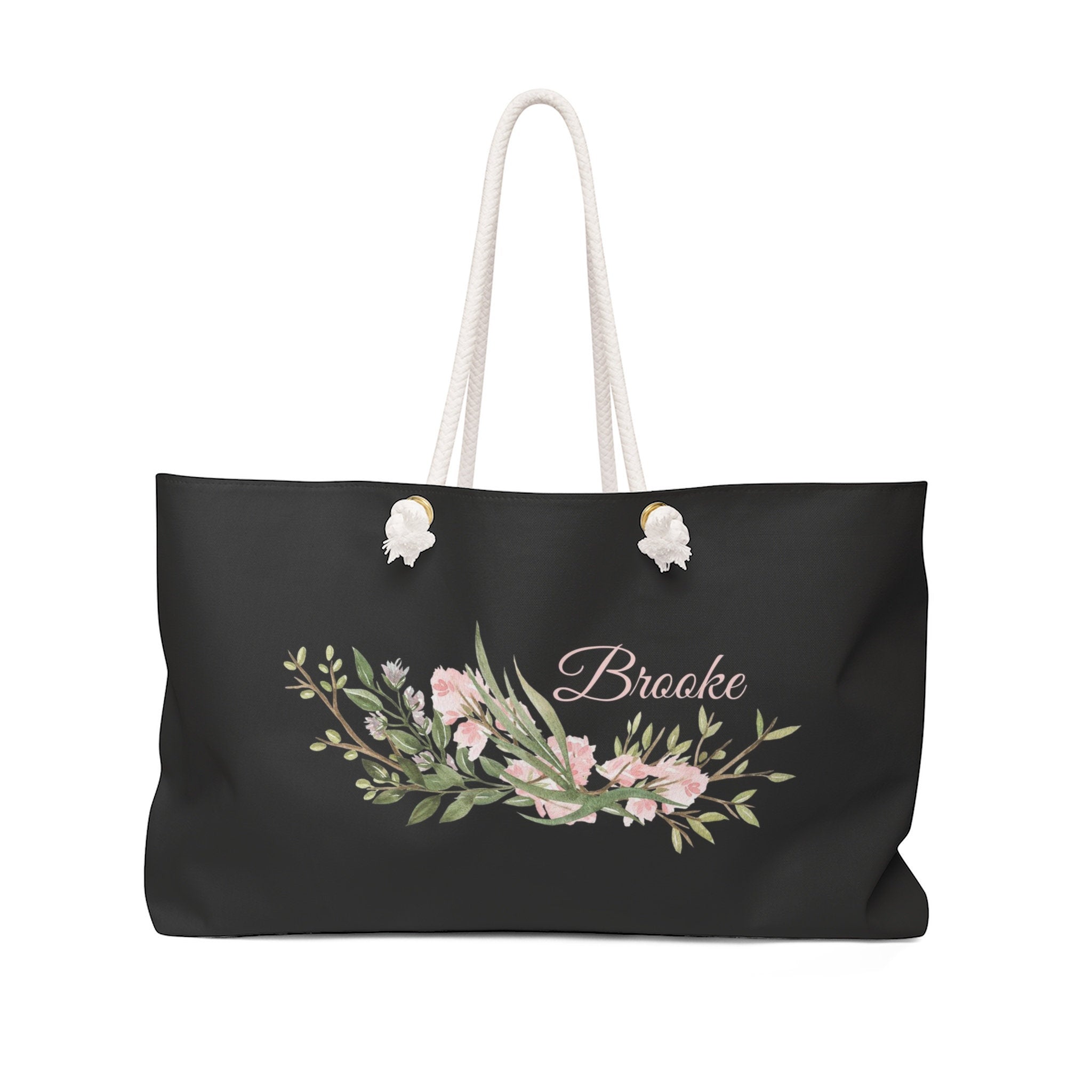 Personalized Tote Bag with Rope Handles - Black & Blush Pink Watercolor Flowers - WKROPE7