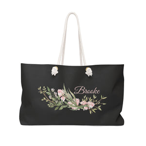 Personalized Tote Bag with Rope Handles - Black & Blush Pink Watercolor Flowers - WKROPE7