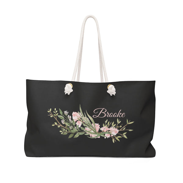 Personalized Tote Bag with Rope Handles - Black & Blush Pink Watercolor Flowers - WKROPE7