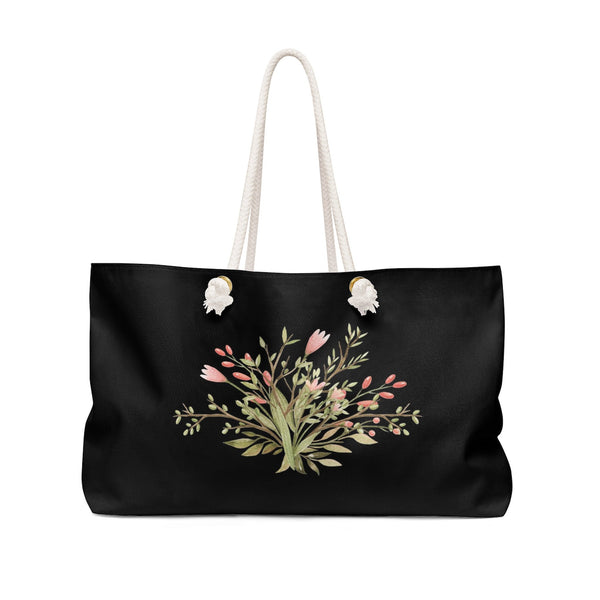 Personalized Tote Bag with Rope Handles - Black & Blush Pink Watercolor Flowers - WKROPE7