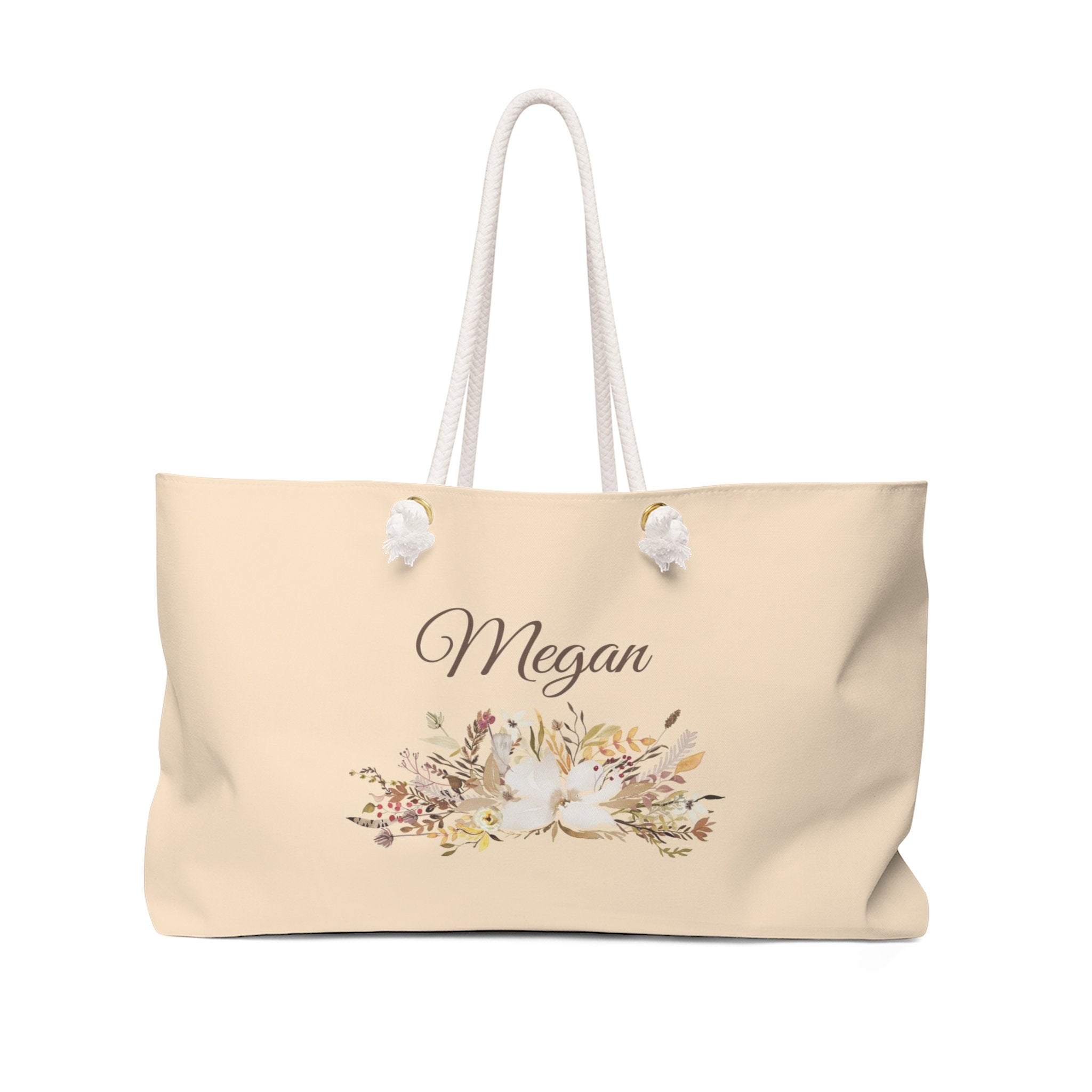 Personalized Tote Bag with Rope Handles - Beige & Brown Watercolor Flowers - WKROPE8