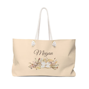 Personalized Tote Bag with Rope Handles - Beige & Brown Watercolor Flowers - WKROPE8