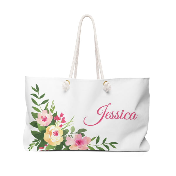 White Pink Green Floral Weekend Bag, Personalized Tote, Bridesmaid Gifts, Custom Oversized Bag, Overnight Bag, Rope Handle Tote - WKROPE11