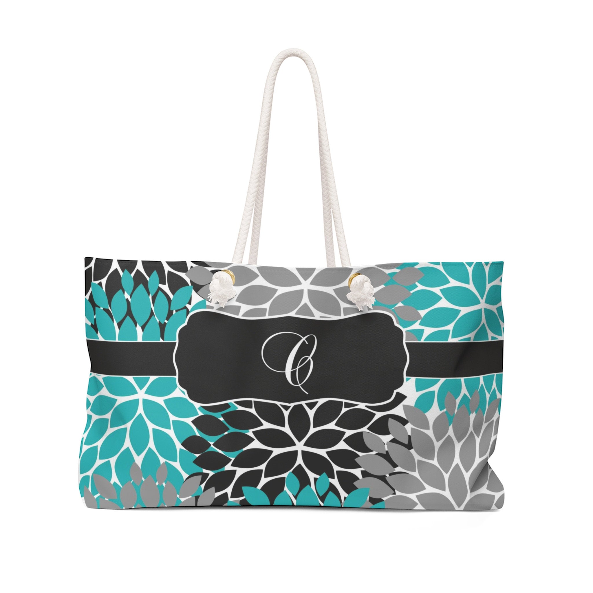 Personalized Oversized Bag, Teal Black Gray Floral Weekender Tote Bag, Monogram Bag, Beach Bag, Overnight Bag, Rope Handle Tote - WKROPE15