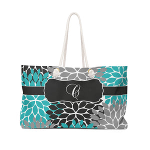 Personalized Oversized Bag, Teal Black Gray Floral Weekender Tote Bag, Monogram Bag, Beach Bag, Overnight Bag, Rope Handle Tote - WKROPE15