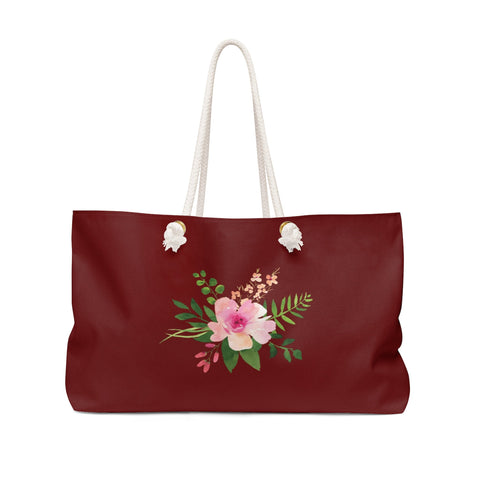 Oversized Tote Bag with Rope Handles - Burgundy & Pink Watercolor Flowers - WKROPE20