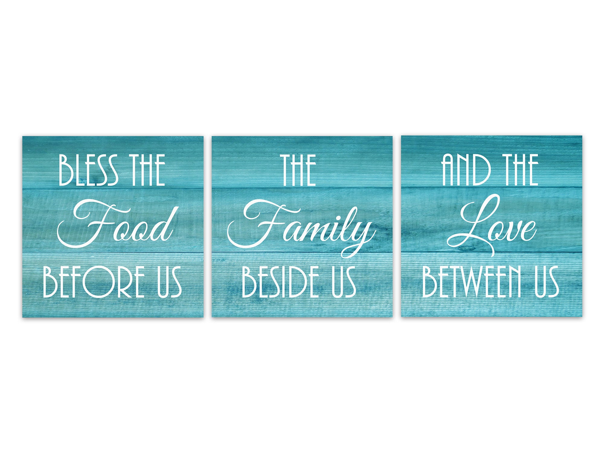 Aqua Farmhouse Kitchen 3pc Square Wall Art "Bless The Food Before Us, The Family Beside Us" - HOME552