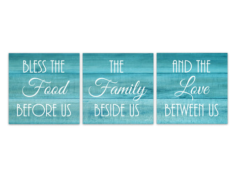Aqua Farmhouse Kitchen 3pc Square Wall Art "Bless The Food Before Us, The Family Beside Us" - HOME552