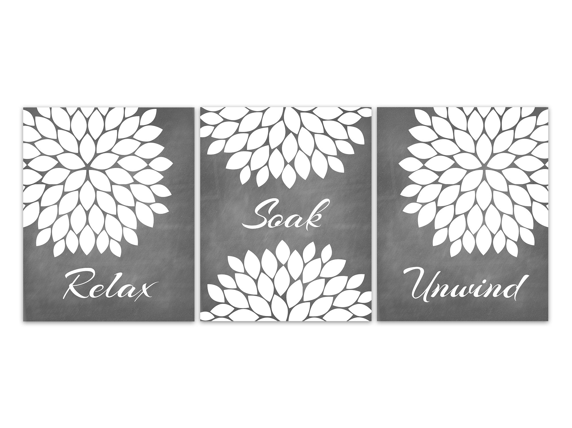 Bathroom Wall Art, Relax Soak Unwind CANVAS or PRINTS, Gray Chalkboard Bathroom, Modern Bathroom Art, Set of 3 Bath Art Prints - BATH330